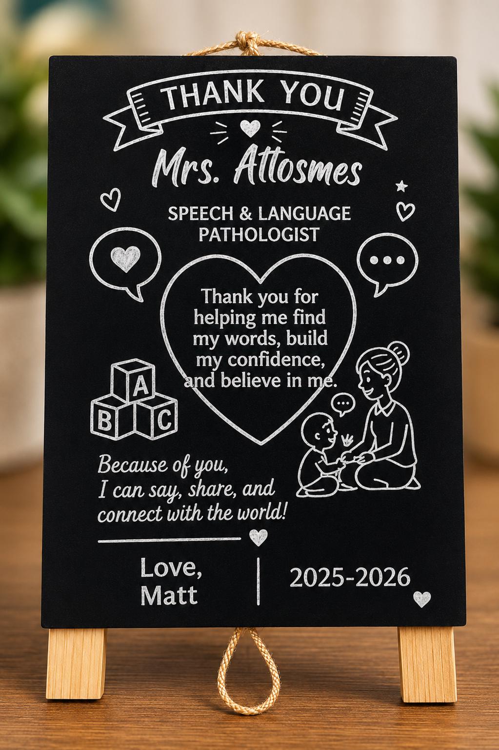 Personalized Teacher Appreciation Sign | Custom Speech Therapist Gift, Thank You Easel