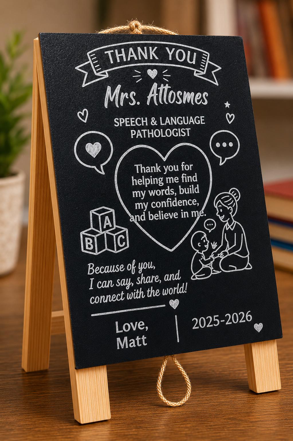 Personalized Teacher Appreciation Sign | Custom Speech Therapist Gift, Thank You Easel