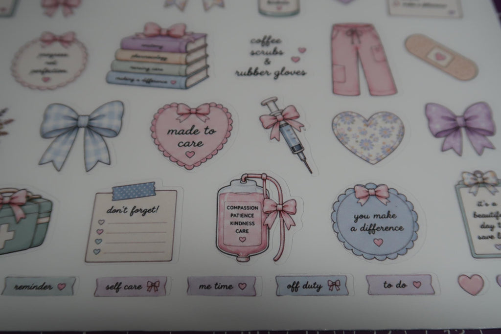 Coquette Nurse Sticker Sheet | Pastel Bow Medical Planner Decals