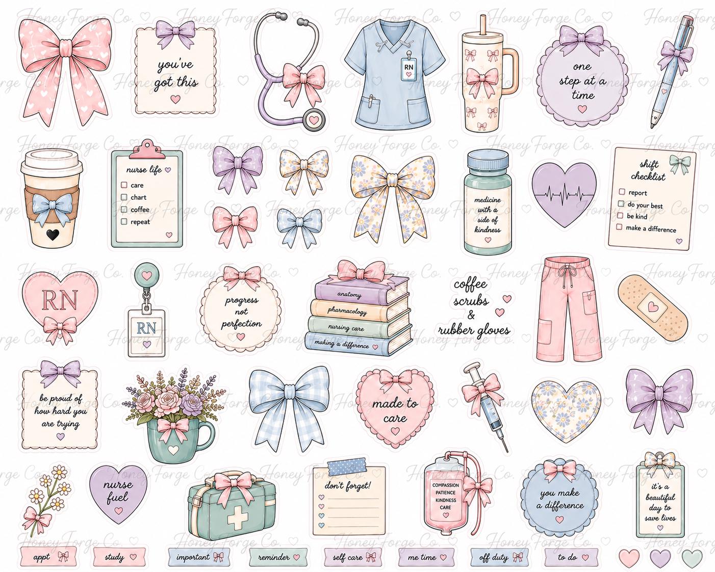 Coquette Nurse Sticker Sheet | Pastel Bow Medical Planner Decals