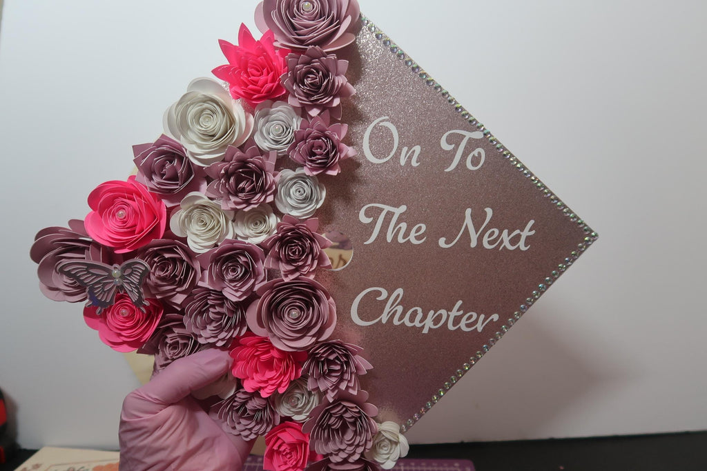 Graduation Cap Topper | Handmade Paper Flowers, Glitter Base, Custom Quote, Class of 2026