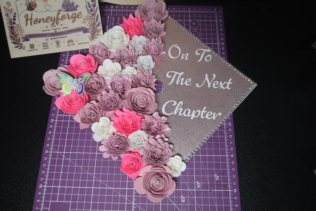 Graduation Cap Topper | Handmade Paper Flowers, Glitter Base, Custom Quote, Class of 2026