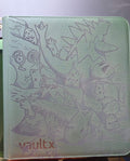 May include: A sage green card binder featuring a debossed graphic of various creatures and rock formations on the front cover. The brand name vaultx is printed in the bottom left corner in a dark font. The cover has a textured, matte finish.