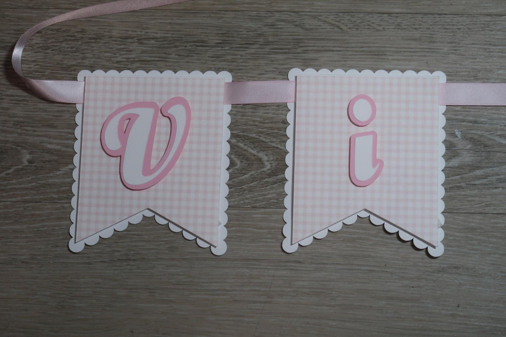 Personalized Goose Pink Gingham Birthday Banner | Baby Girl Party Decorations