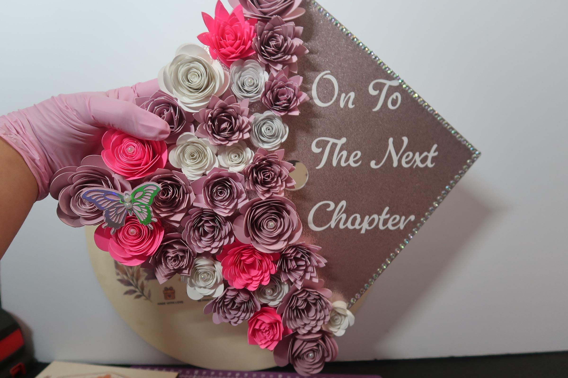 Graduation Cap Topper | Handmade Paper Flowers, Glitter Base, Custom Quote, Class of 2026