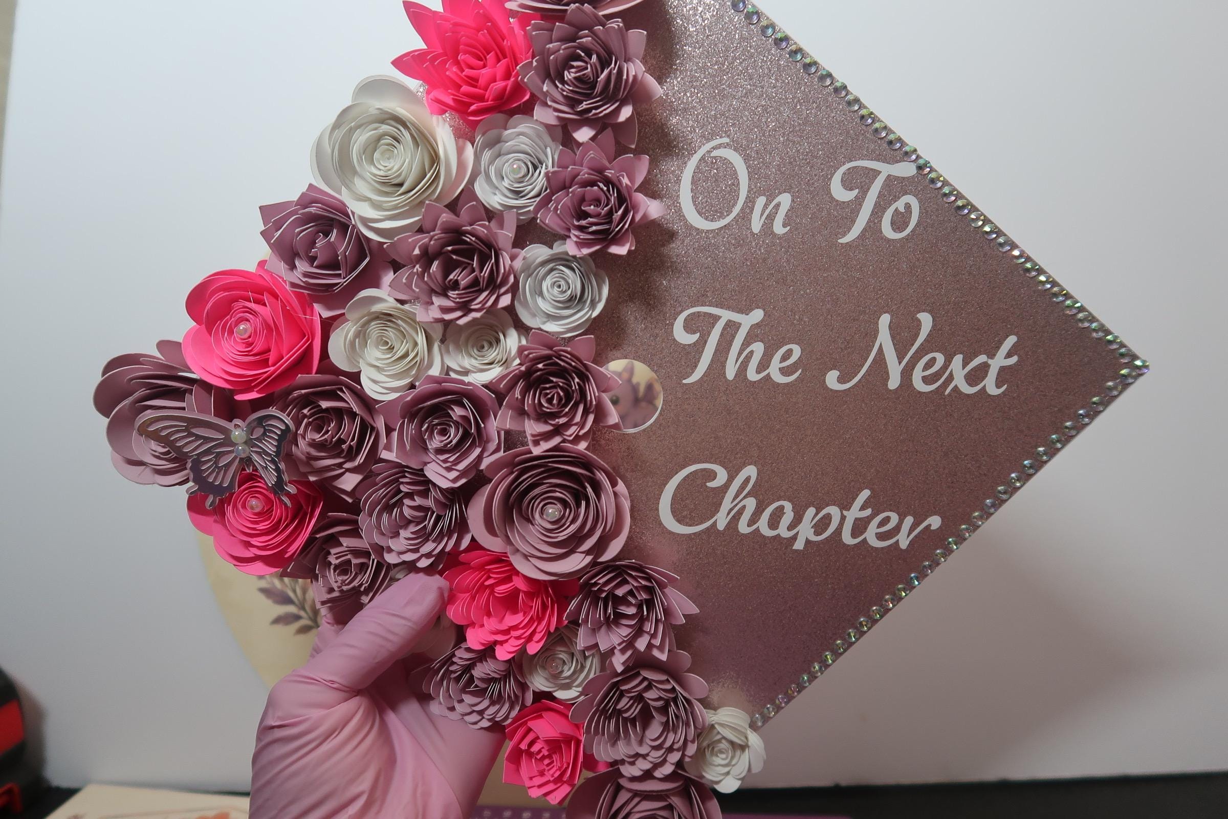 Graduation Cap Topper | Handmade Paper Flowers, Glitter Base, Custom Quote, Class of 2026