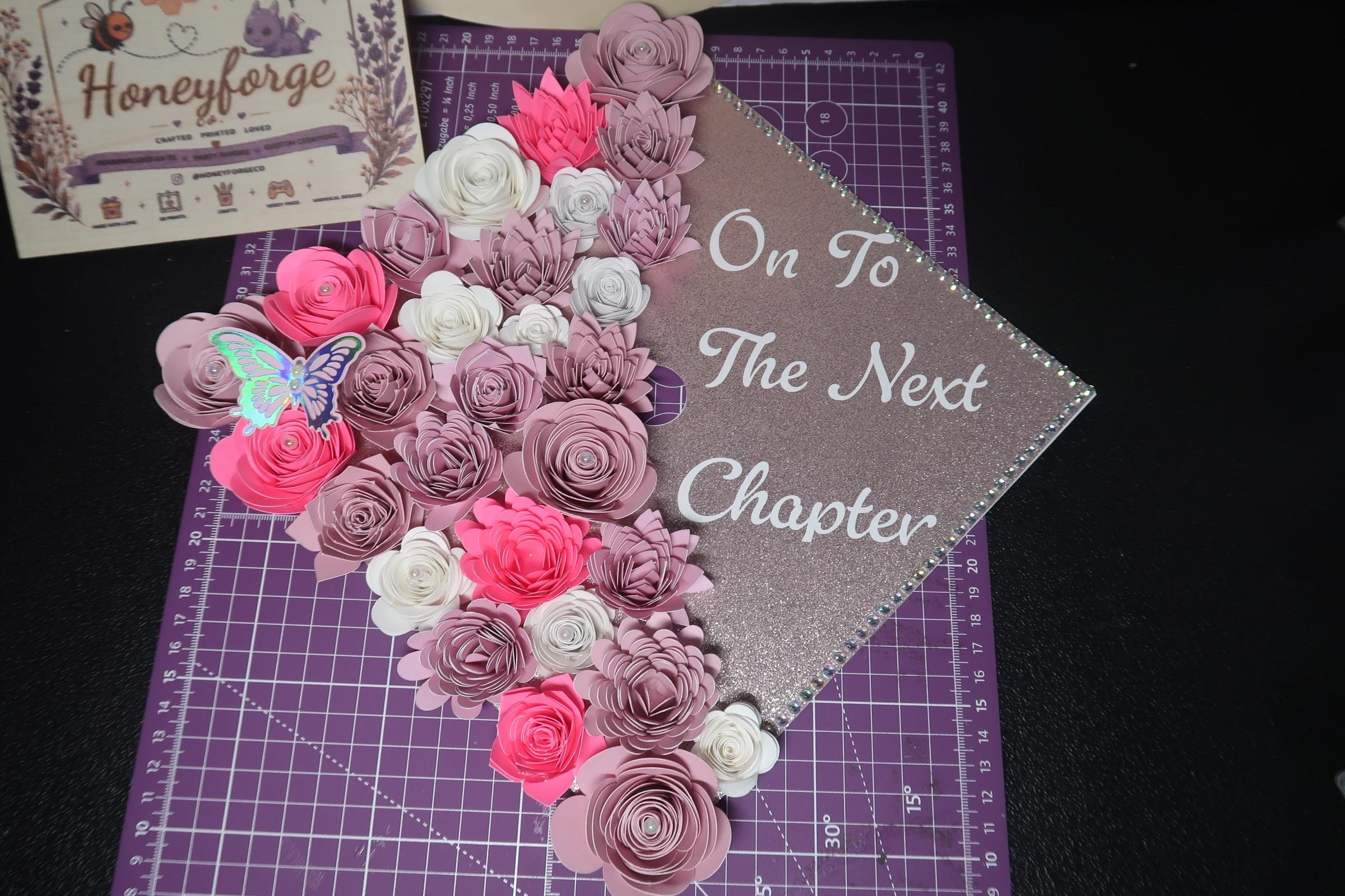 Graduation Cap Topper | Handmade Paper Flowers, Glitter Base, Custom Quote, Class of 2026