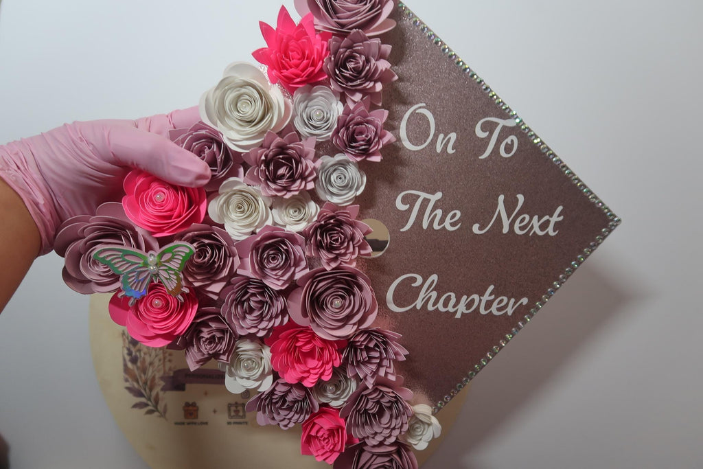 Graduation Cap Topper | Handmade Paper Flowers, Glitter Base, Custom Quote, Class of 2026