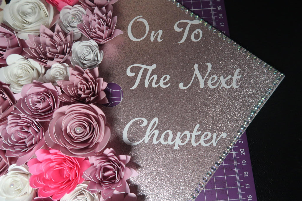 Graduation Cap Topper | Handmade Paper Flowers, Glitter Base, Custom Quote, Class of 2026