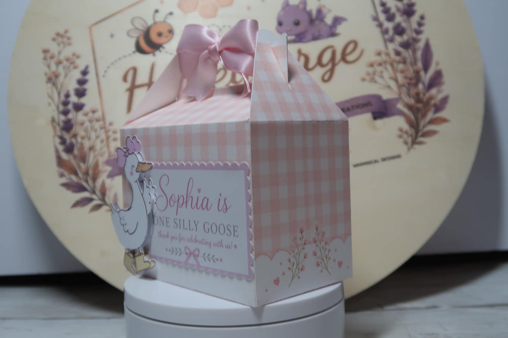 Personalized Goose Birthday Favor Box | One Silly Goose Party Box |Goose Birthday Decorations | Pink Bow Party Favor