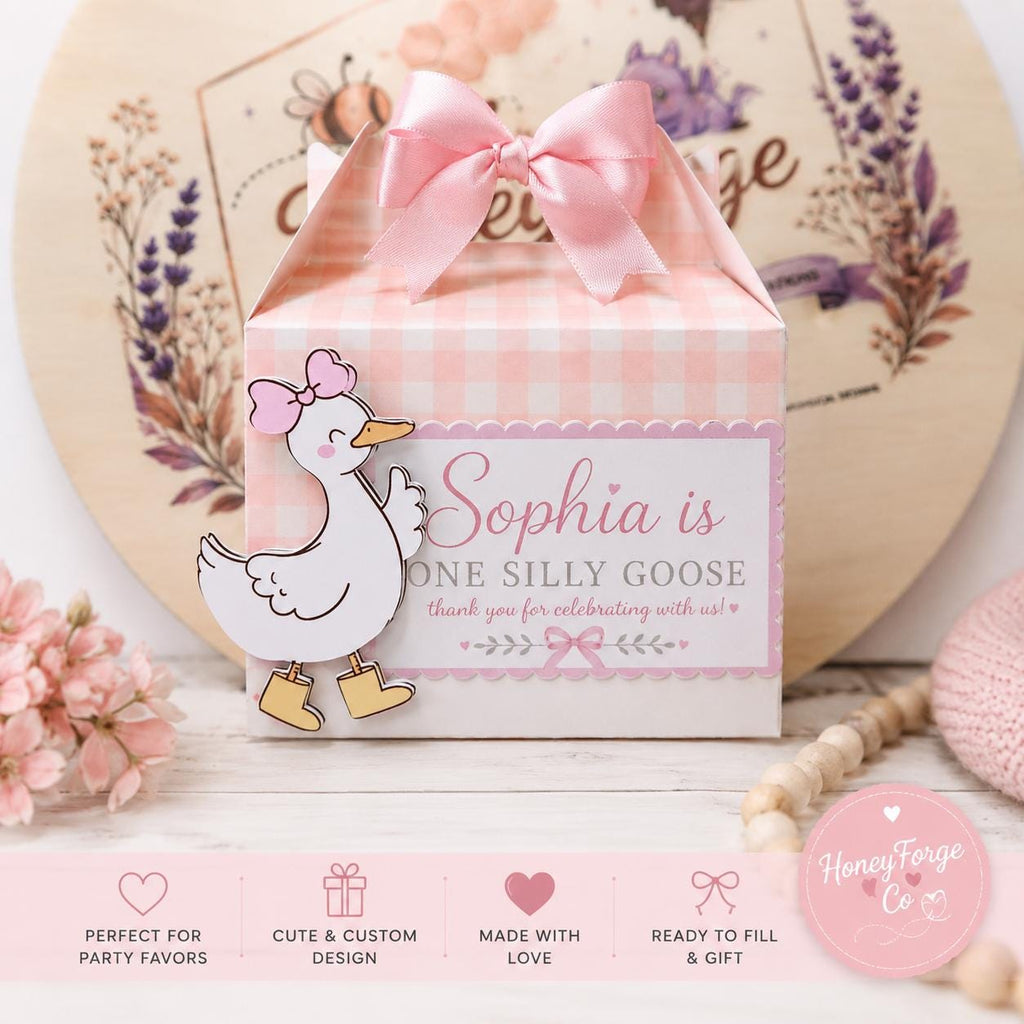 Personalized Goose Birthday Favor Box | One Silly Goose Party Box |Goose Birthday Decorations | Pink Bow Party Favor
