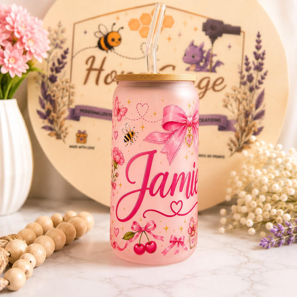 Personalized Frosted Glass Can | Pink Bow Cherry Butterfly Tumbler (16oz)