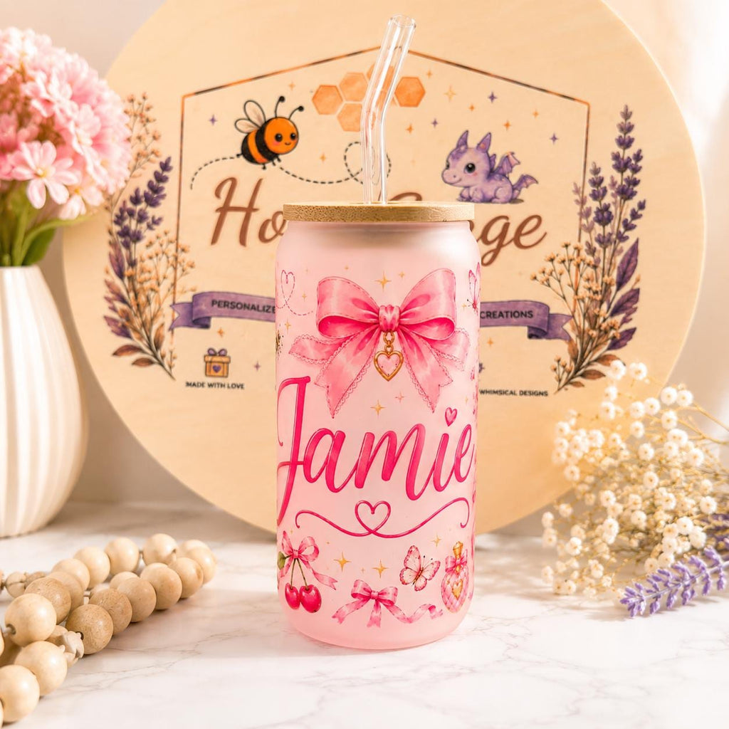 Personalized Frosted Glass Can | Pink Bow Cherry Butterfly Tumbler (16oz)