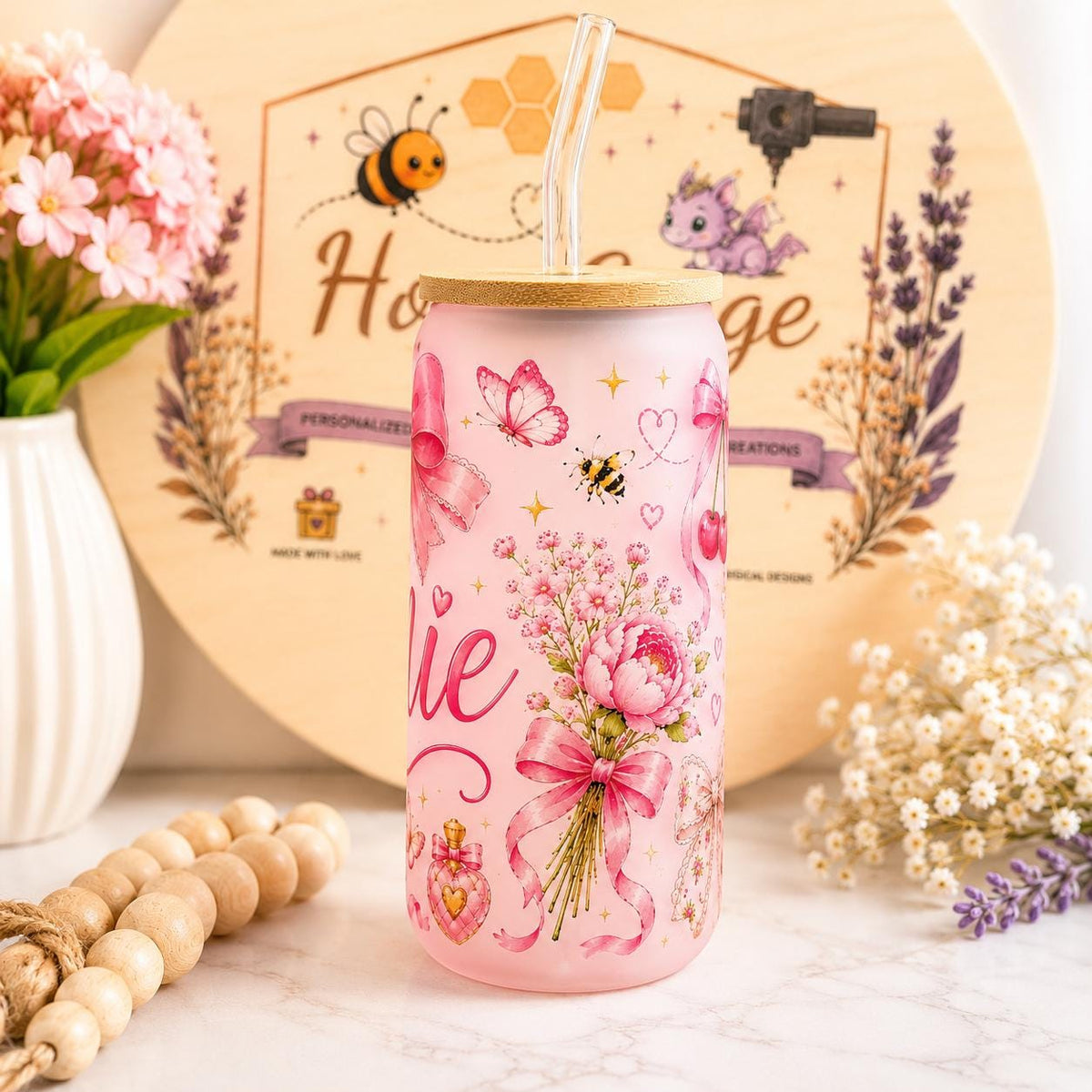 Personalized Frosted Glass Can | Pink Bow Cherry Butterfly Tumbler (16oz)