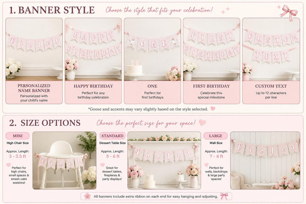 Personalized Goose Pink Gingham Birthday Banner | Baby Girl Party Decorations