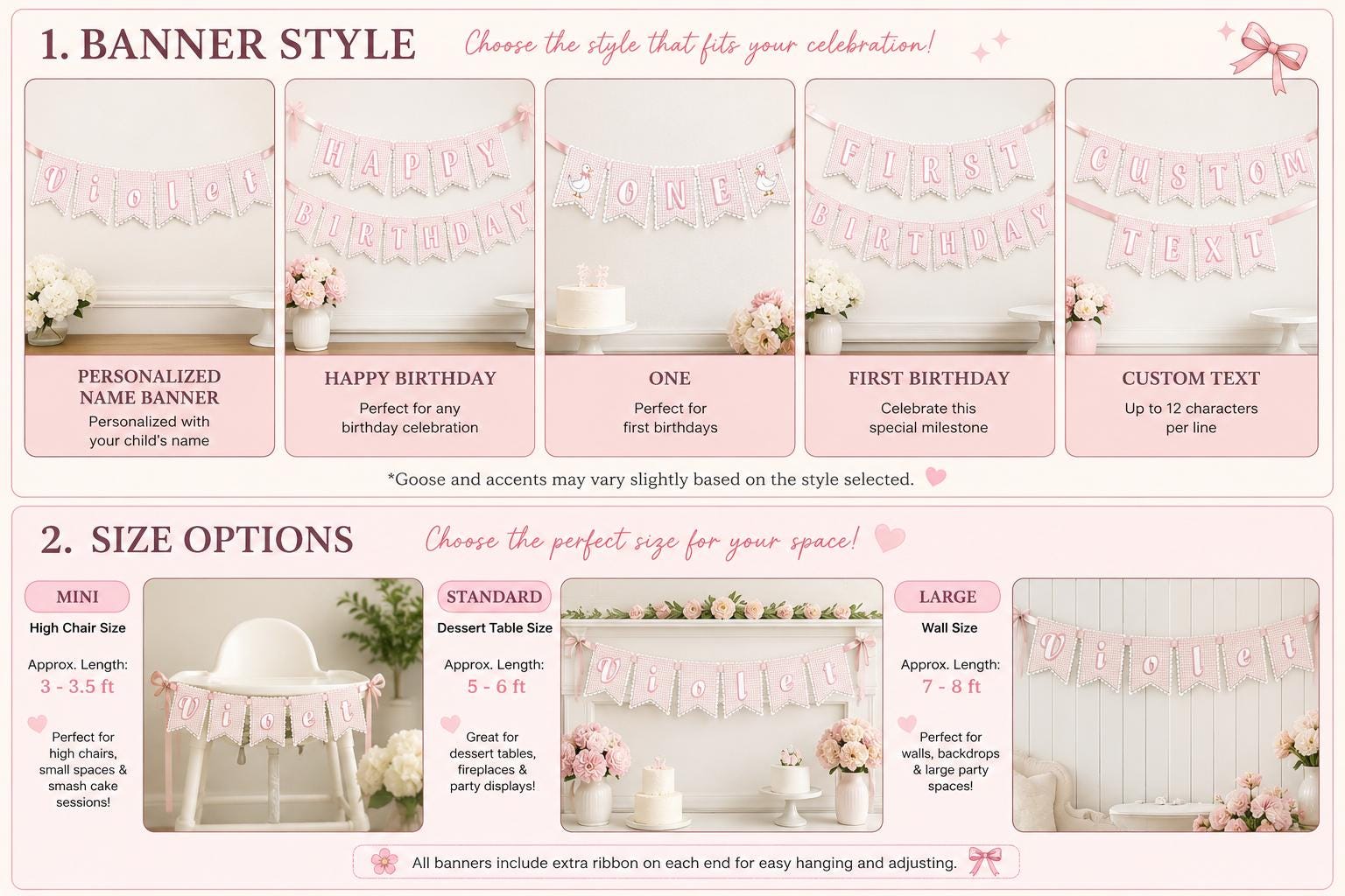Personalized Goose Pink Gingham Birthday Banner | Baby Girl Party Decorations