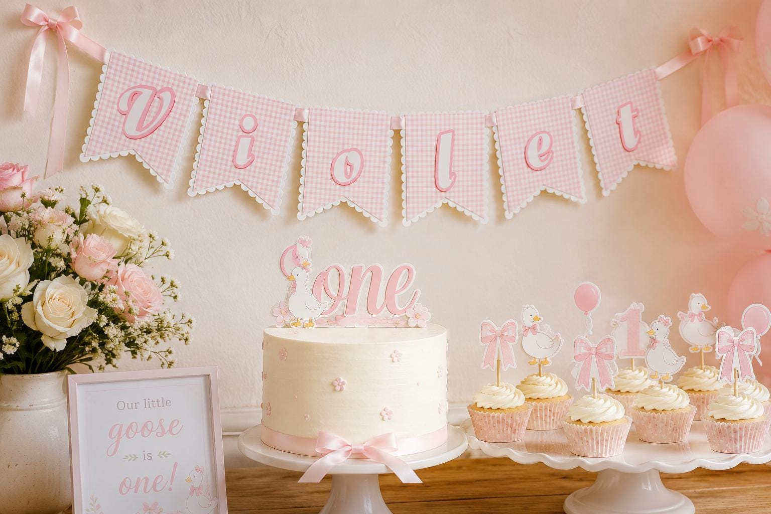 Personalized Goose Pink Gingham Birthday Banner | Baby Girl Party Decorations