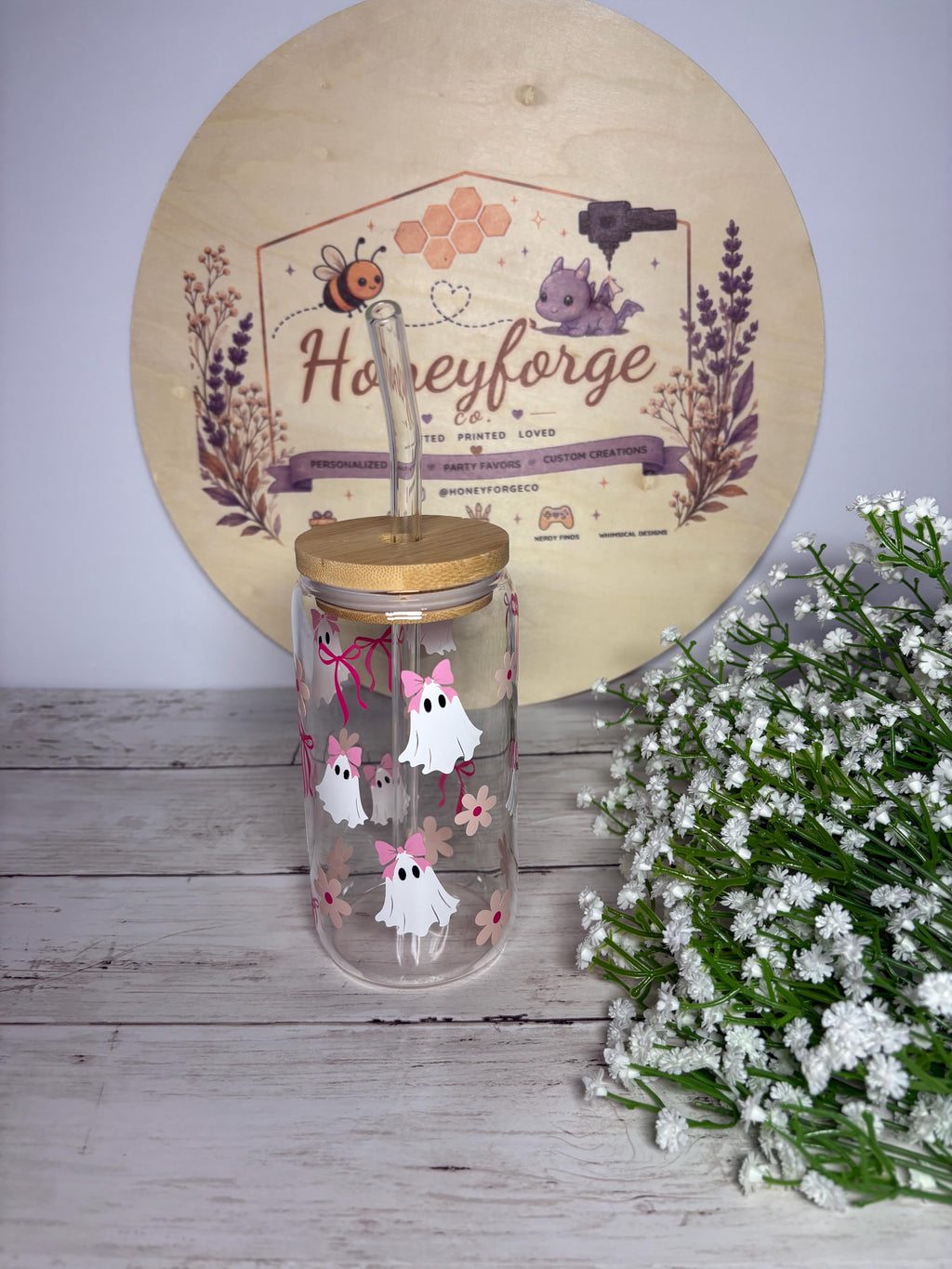 Personalized Ghost Girl Glass Can | 16oz Halloween Tumbler, Bamboo Lid, Glass Straw
