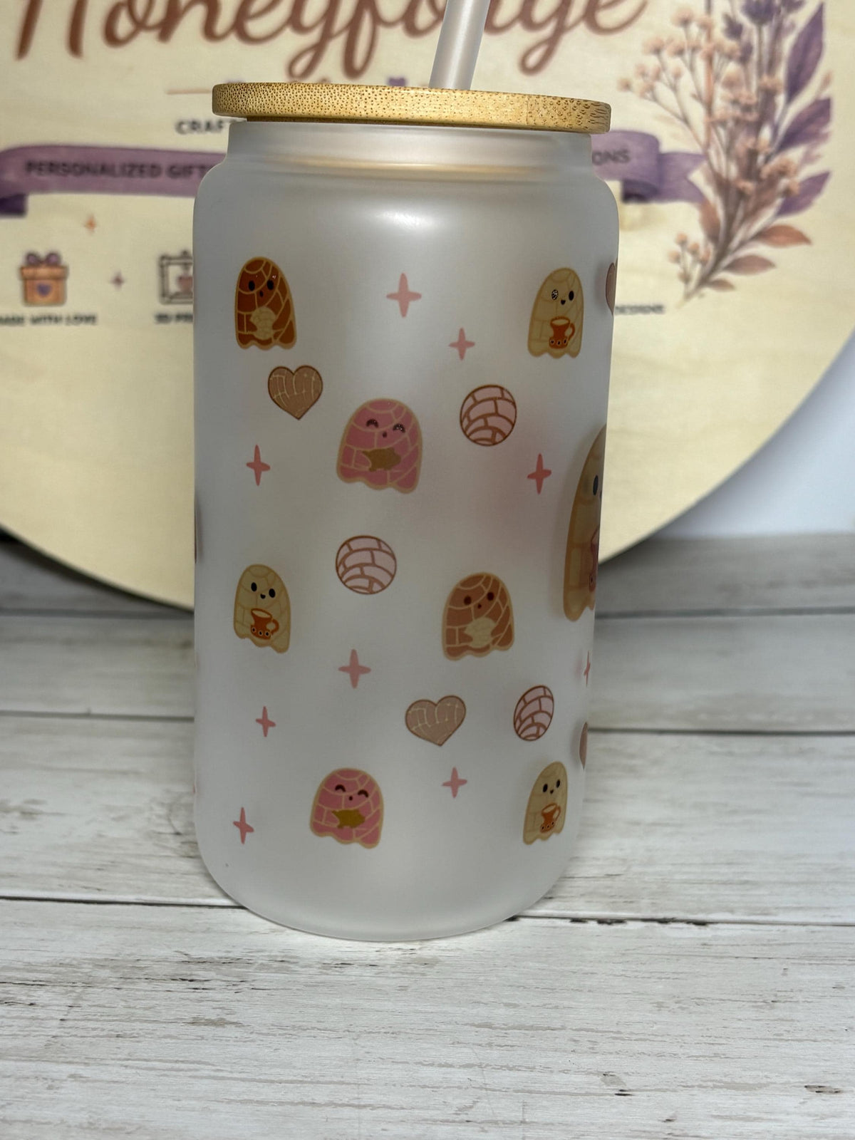 Pan-Tasmas Frosted Glass Can | Ghost Pan Dulce Design, 16oz Iced Coffee Glass (Lid & Straw)