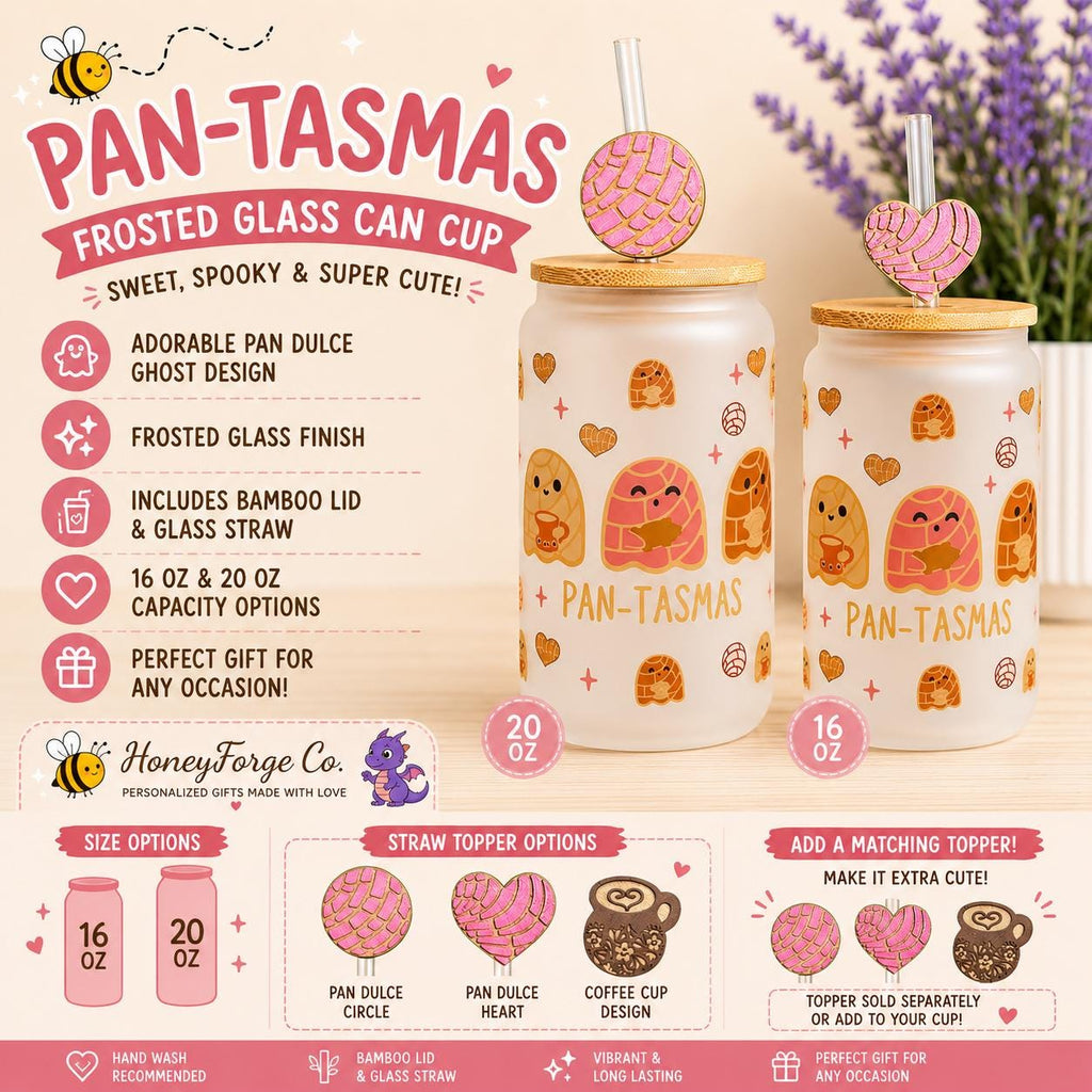 Pan-Tasmas Frosted Glass Can | Ghost Pan Dulce Design, 16oz Iced Coffee Glass (Lid & Straw)