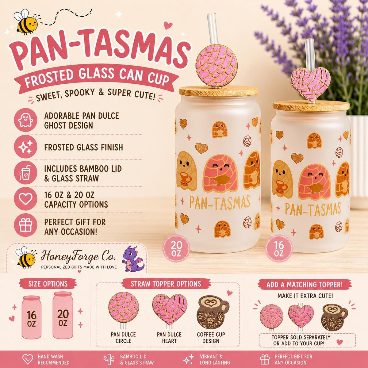 Pan-Tasmas Frosted Glass Can | Ghost Pan Dulce Design, 16oz Iced Coffee Glass (Lid & Straw)