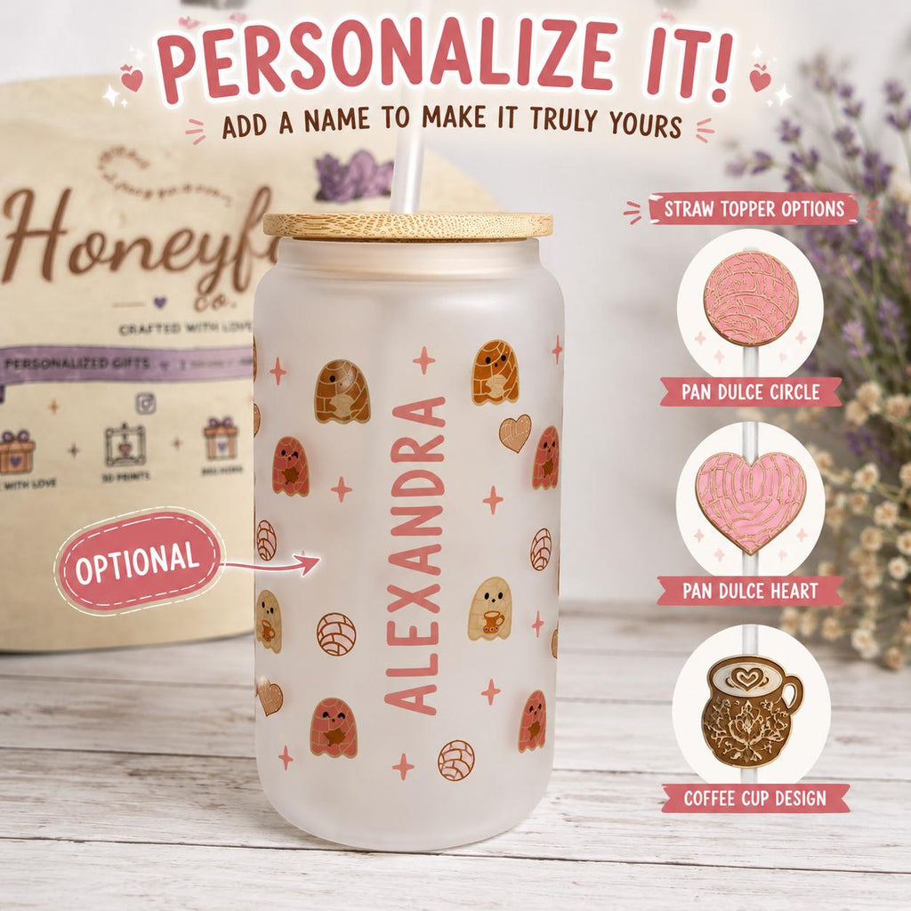 Pan-Tasmas Frosted Glass Can | Ghost Pan Dulce Design, 16oz Iced Coffee Glass (Lid & Straw)
