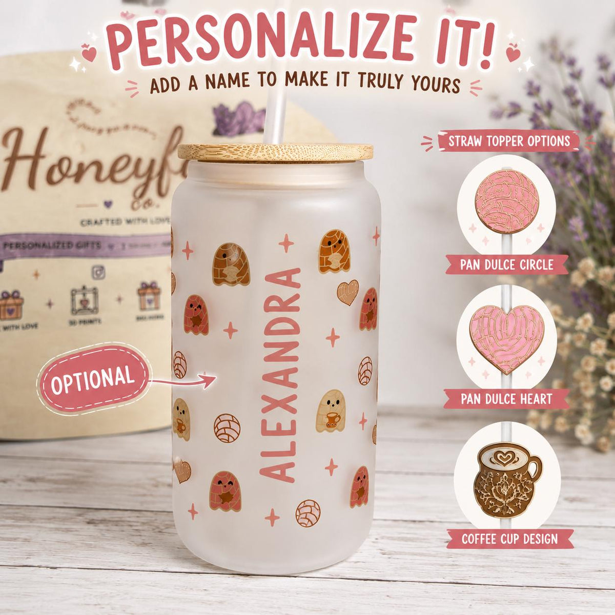 Pan-Tasmas Frosted Glass Can | Ghost Pan Dulce Design, 16oz Iced Coffee Glass (Lid & Straw)