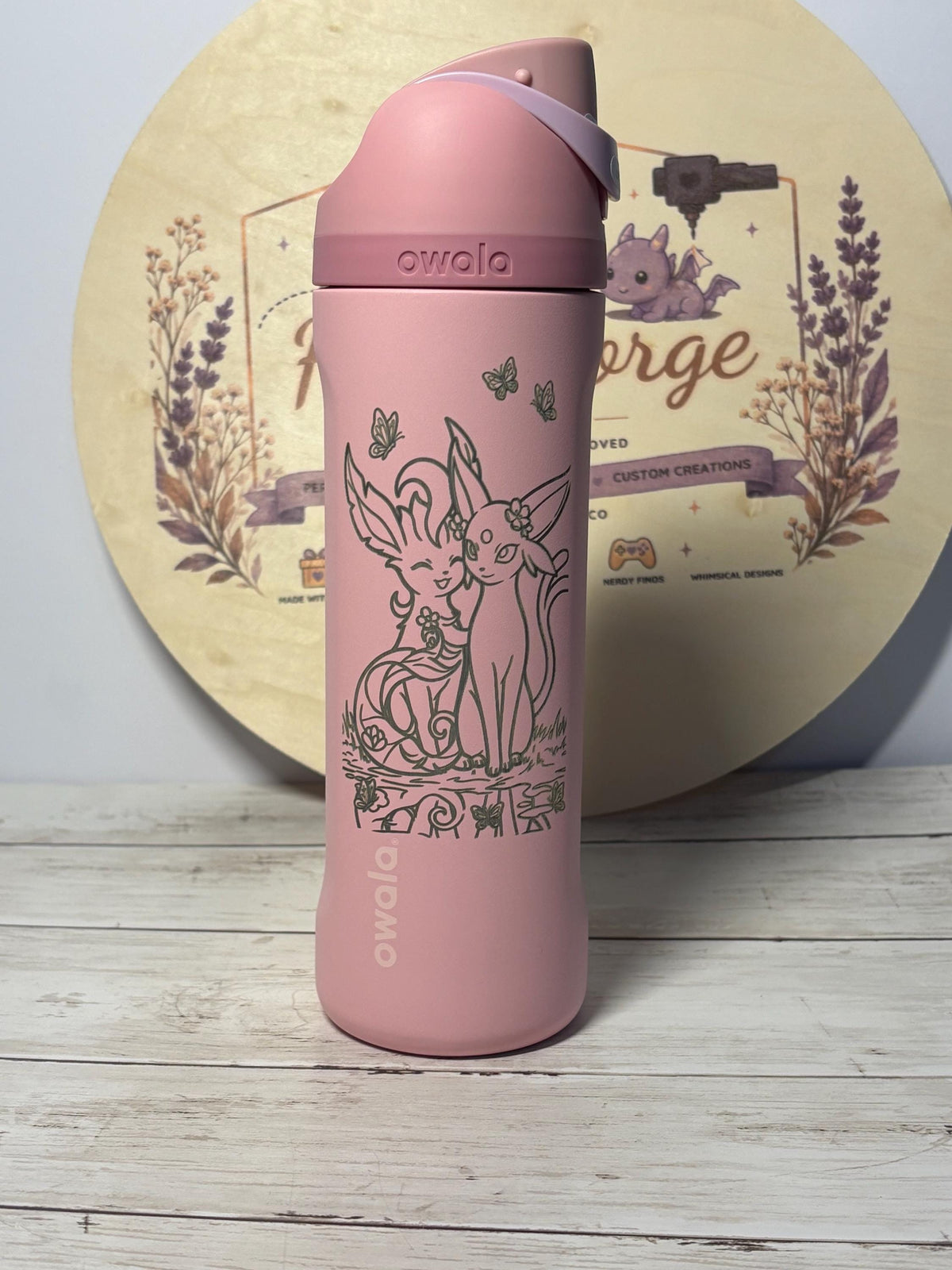 Engraved Pink Owala 24oz FreeSip Water Bottle | Floral Eeveelution Inspired Tumbler | Laser Engraved Gift for Pokémon Fans