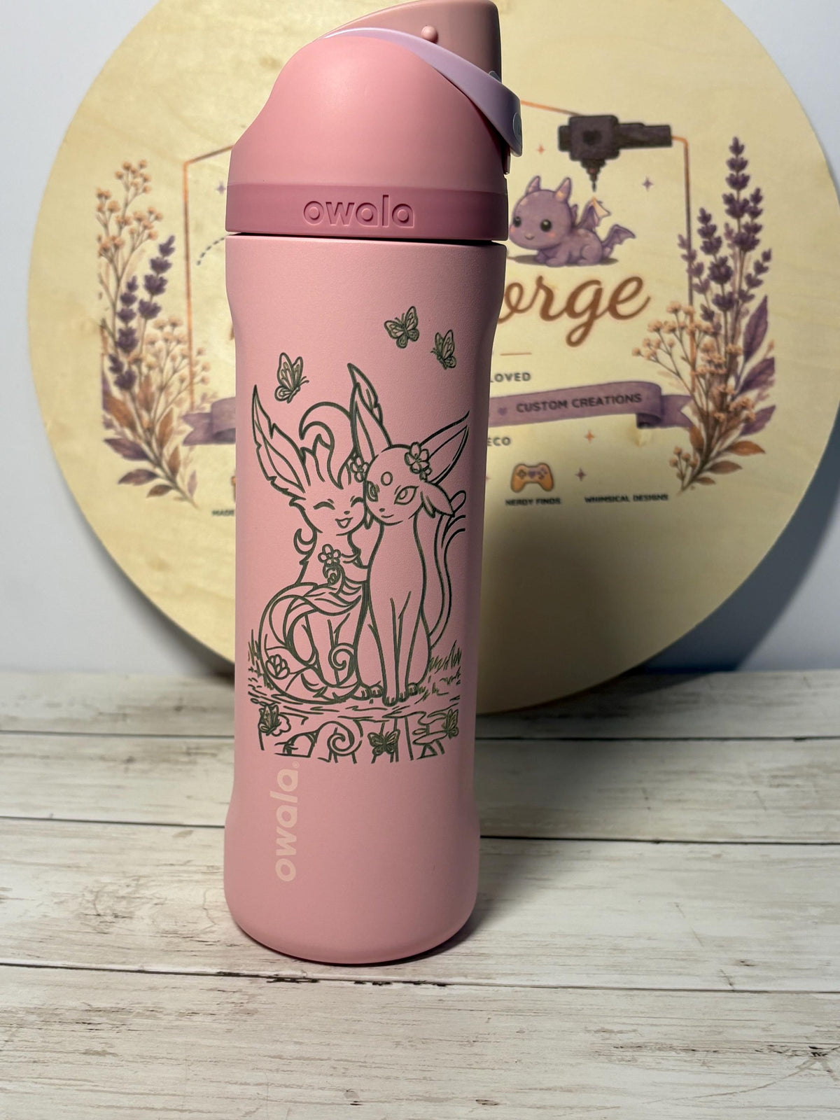 Engraved Pink Owala 24oz FreeSip Water Bottle | Floral Eeveelution Inspired Tumbler | Laser Engraved Gift for Pokémon Fans
