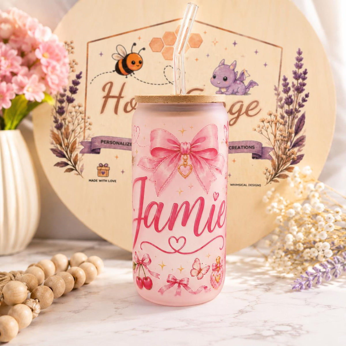 Personalized Frosted Glass Can | Pink Bow Cherry Butterfly Tumbler (16oz)