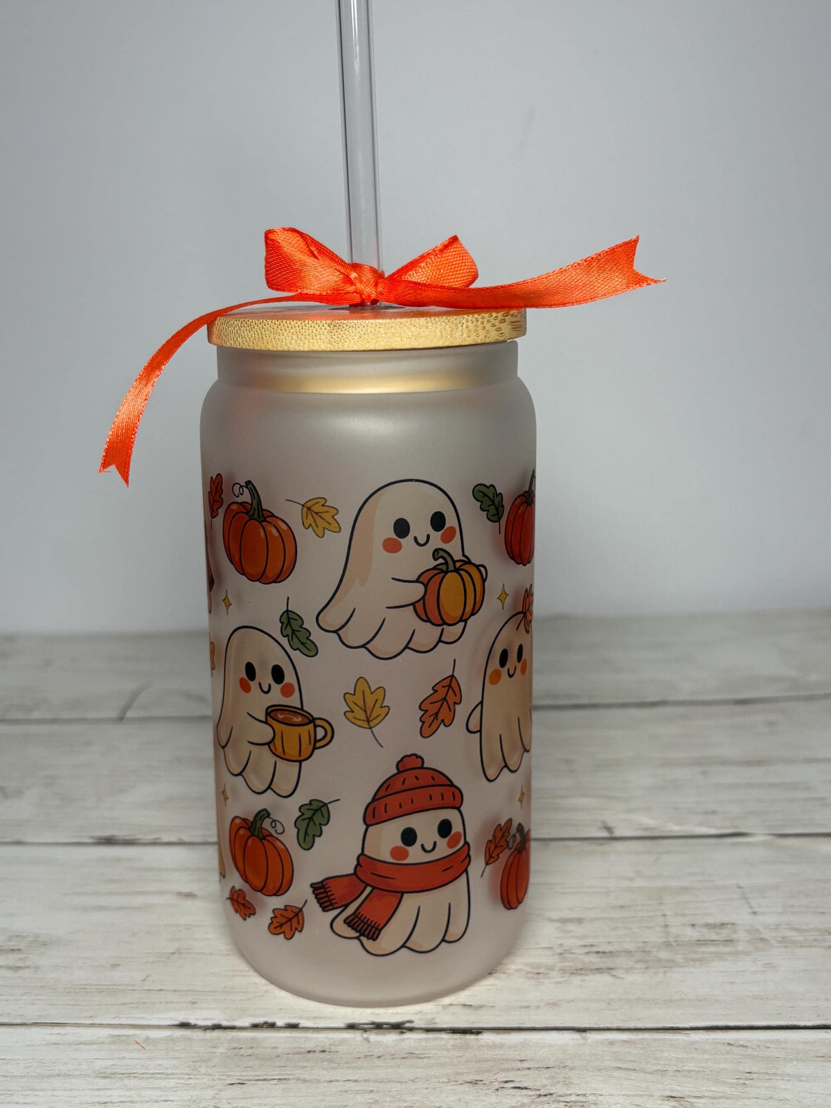 Ghost Fall Frosted Glass Can Bundle | Kawaii Halloween Pumpkin Coffee Cups (Set of 2)
