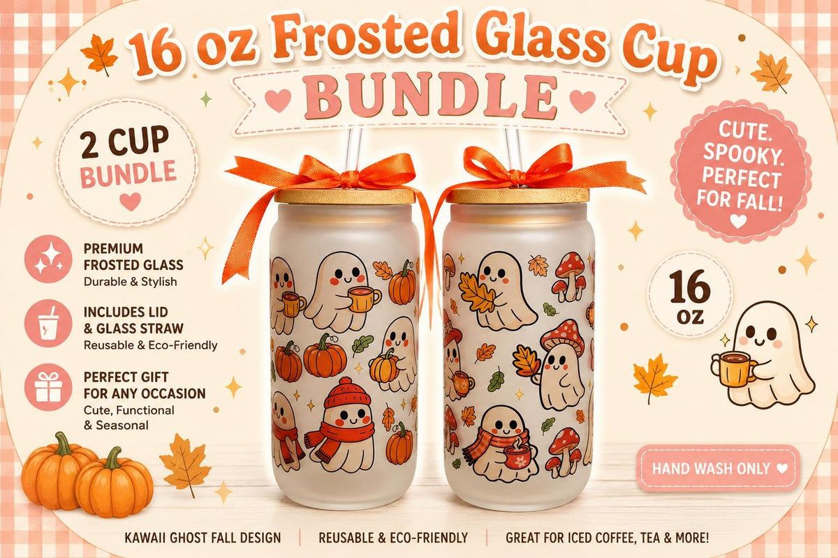Ghost Fall Frosted Glass Can Bundle | Kawaii Halloween Pumpkin Coffee Cups (Set of 2)