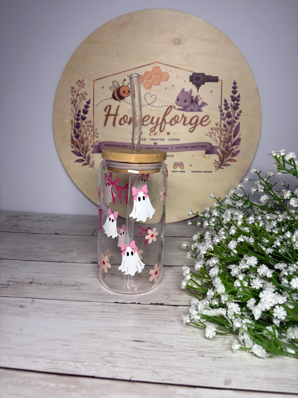 Personalized Ghost Girl Glass Can | 16oz Halloween Tumbler, Bamboo Lid, Glass Straw