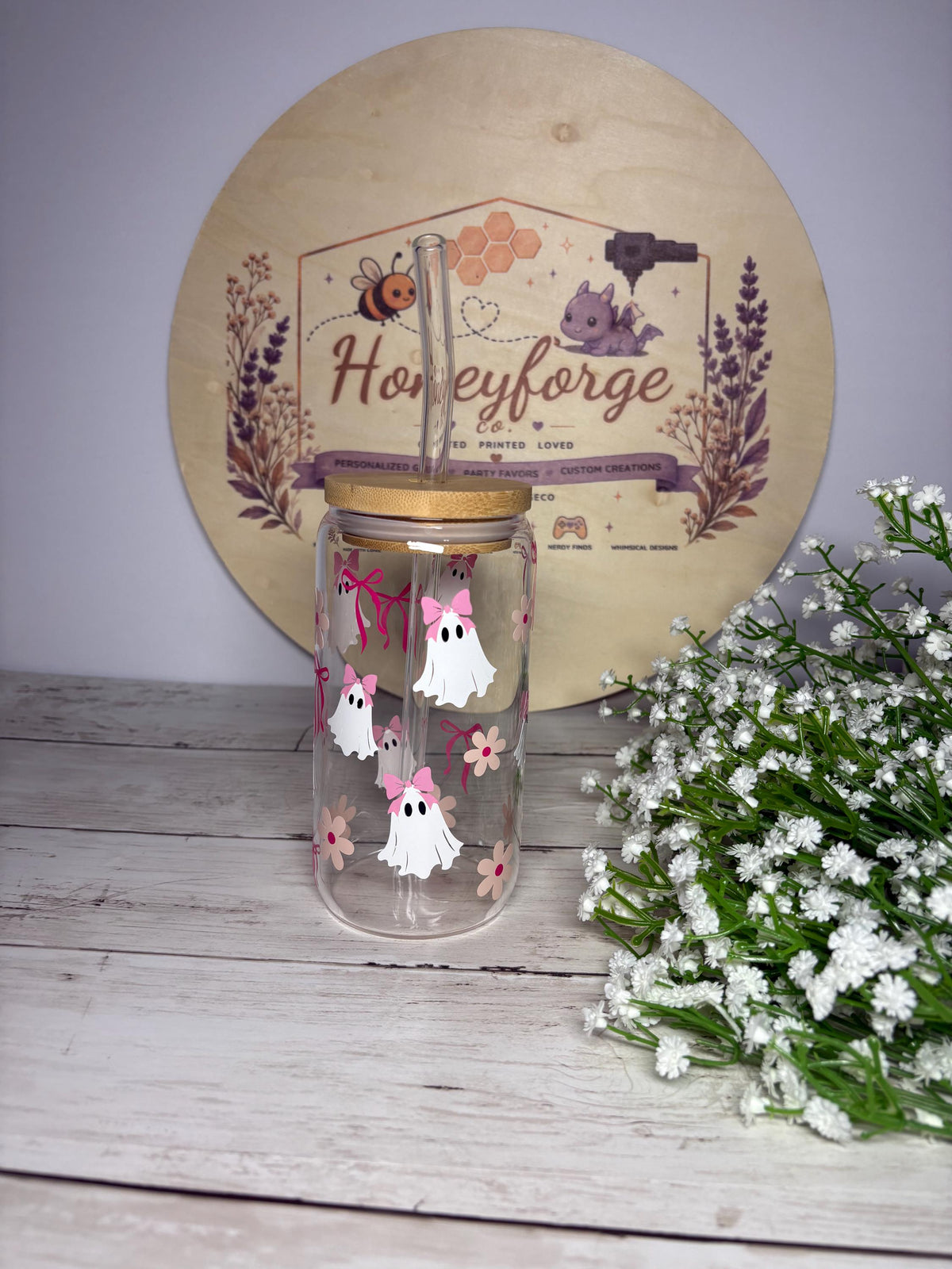 Personalized Ghost Girl Glass Can | 16oz Halloween Tumbler, Bamboo Lid, Glass Straw