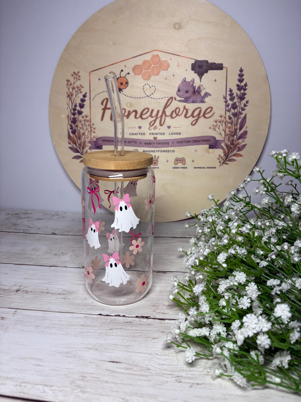 Personalized Ghost Girl Glass Can | 16oz Halloween Tumbler, Bamboo Lid, Glass Straw