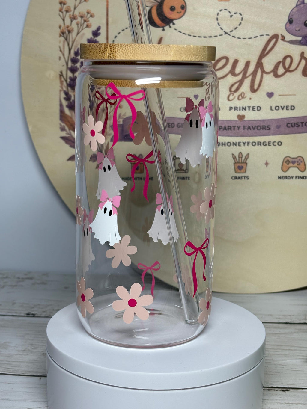 Personalized Ghost Girl Glass Can | 16oz Halloween Tumbler, Bamboo Lid, Glass Straw