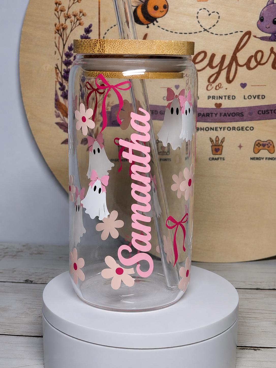 Personalized Ghost Girl Glass Can | 16oz Halloween Tumbler, Bamboo Lid, Glass Straw
