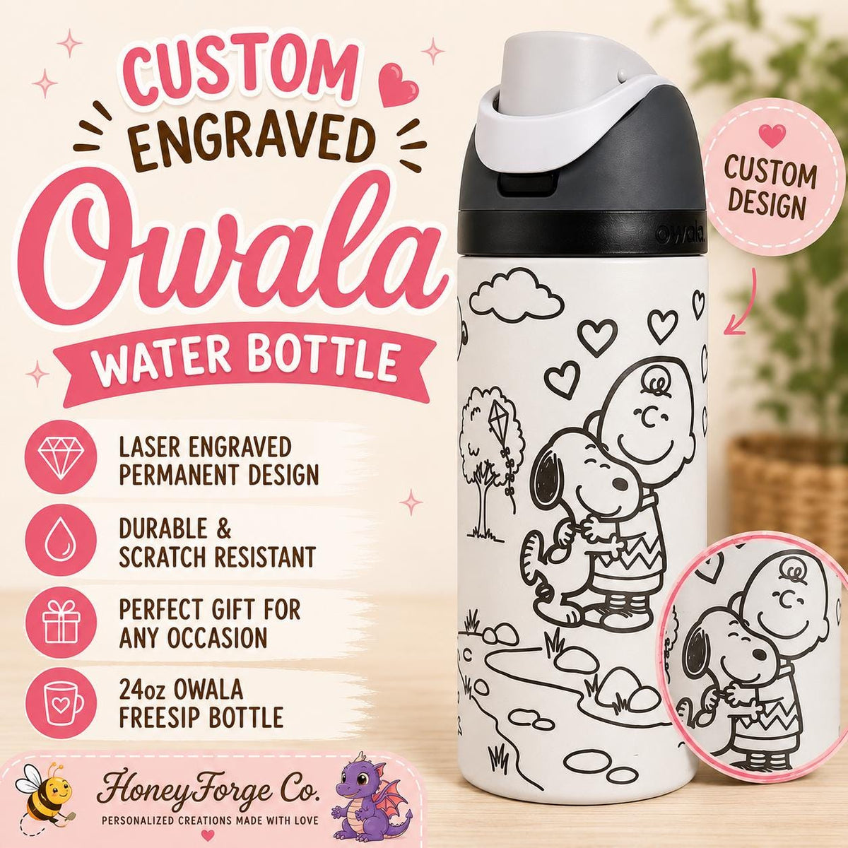 Peanuts Inspired Water Bottle | Laser Engraved Gift | Custom Name