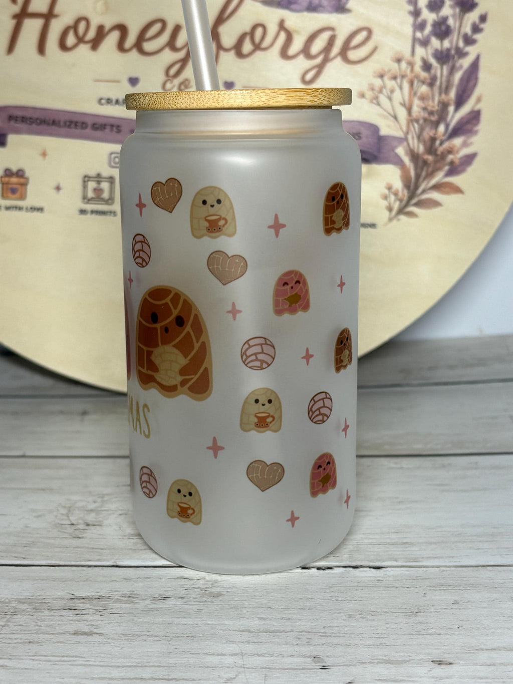 Pan-Tasmas Frosted Glass Can | Ghost Pan Dulce Design, 16oz Iced Coffee Glass (Lid & Straw)