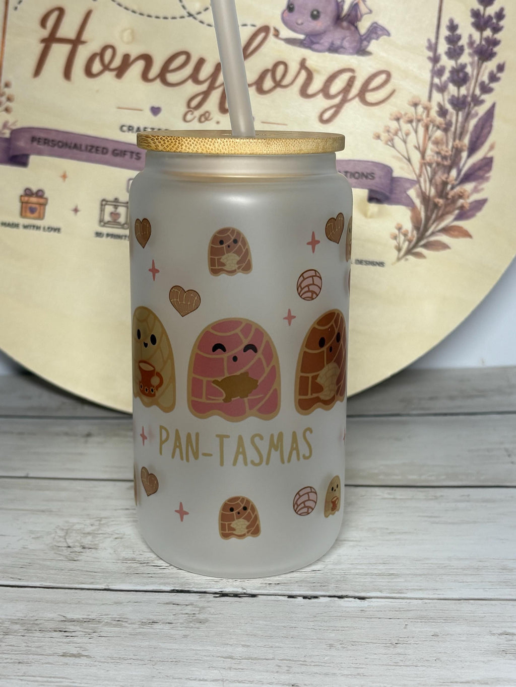 Pan-Tasmas Frosted Glass Can | Ghost Pan Dulce Design, 16oz Iced Coffee Glass (Lid & Straw)