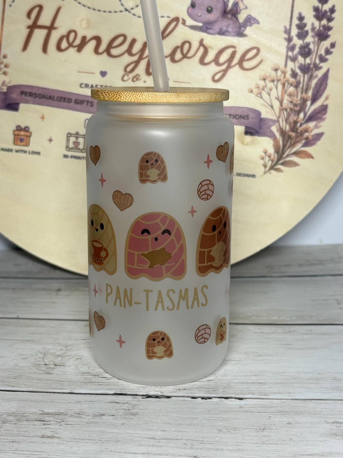 Pan-Tasmas Frosted Glass Can | Ghost Pan Dulce Design, 16oz Iced Coffee Glass (Lid & Straw)