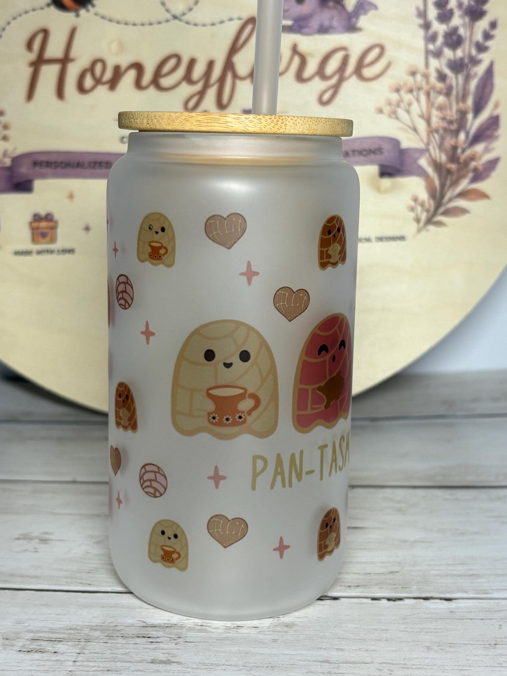 Pan-Tasmas Frosted Glass Can | Ghost Pan Dulce Design, 16oz Iced Coffee Glass (Lid & Straw)