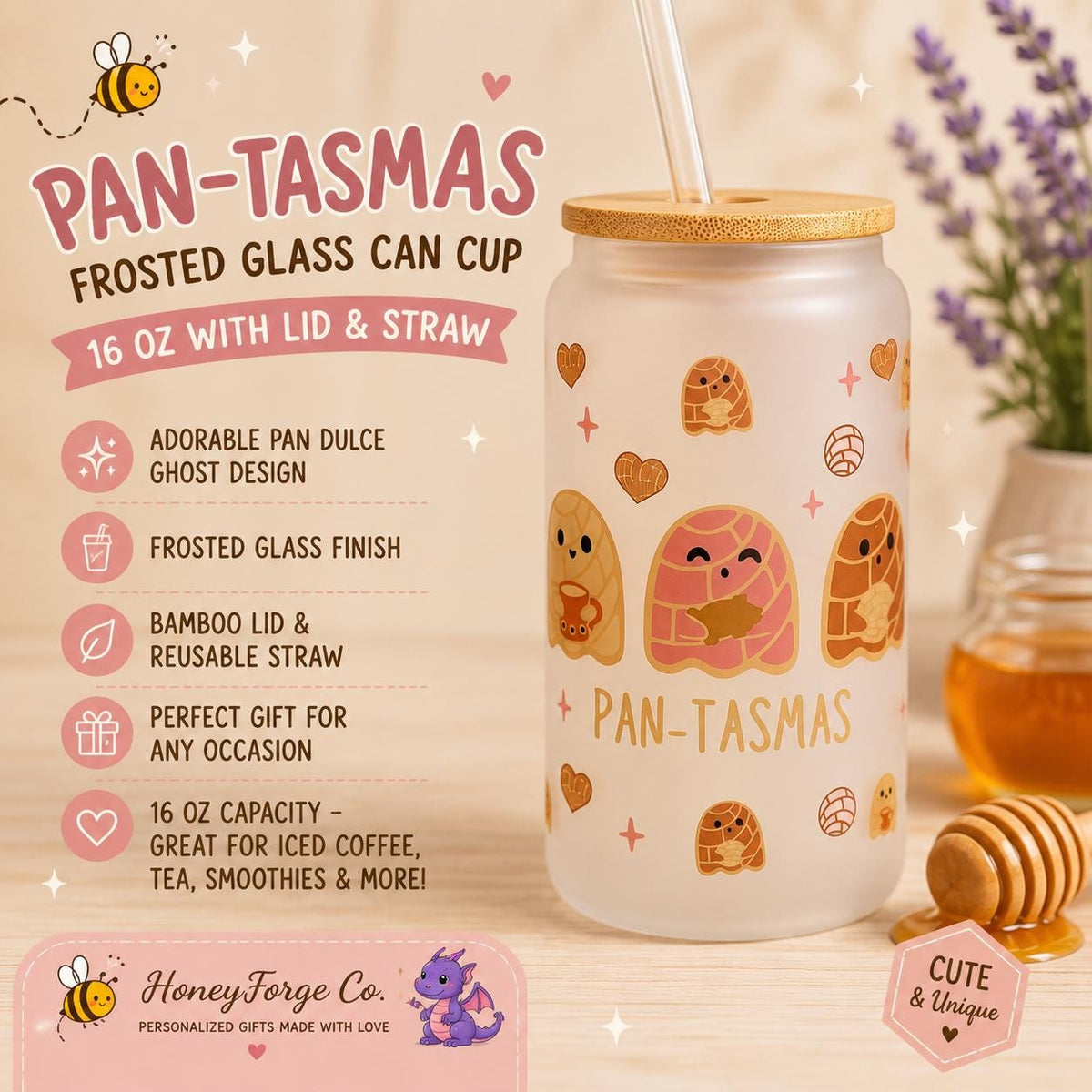 Pan-Tasmas Frosted Glass Can | Ghost Pan Dulce Design, 16oz Iced Coffee Glass (Lid & Straw)