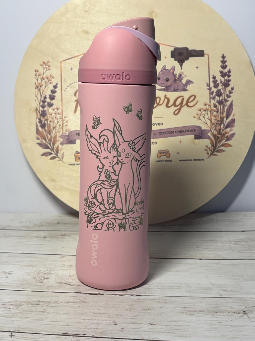 Engraved Pink Owala 24oz FreeSip Water Bottle | Floral Eeveelution Inspired Tumbler | Laser Engraved Gift for Pokémon Fans