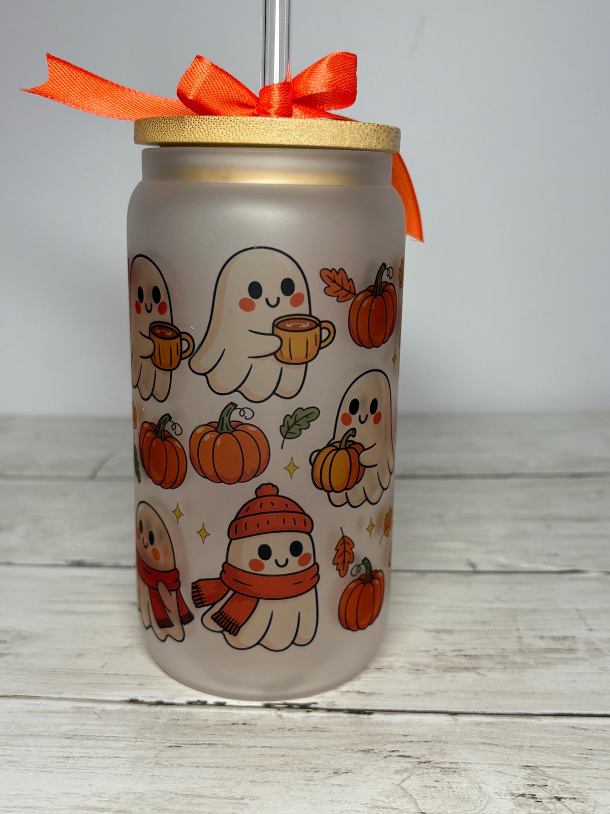Ghost Fall Frosted Glass Can Bundle | Kawaii Halloween Pumpkin Coffee Cups (Set of 2)