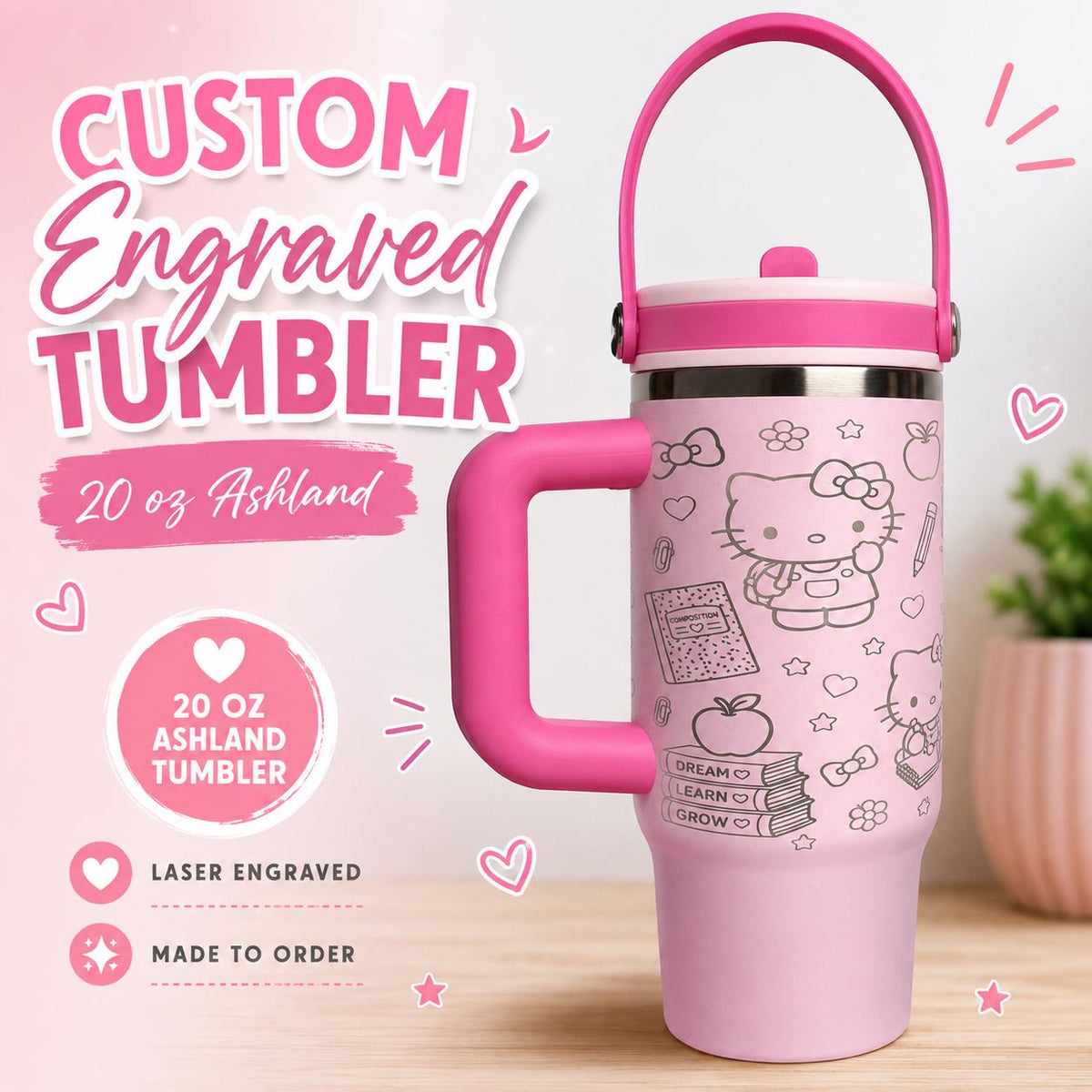 Custom Engraved Kitty Tumbler, 20 oz Ashland Cup with Handle, Personalized Name