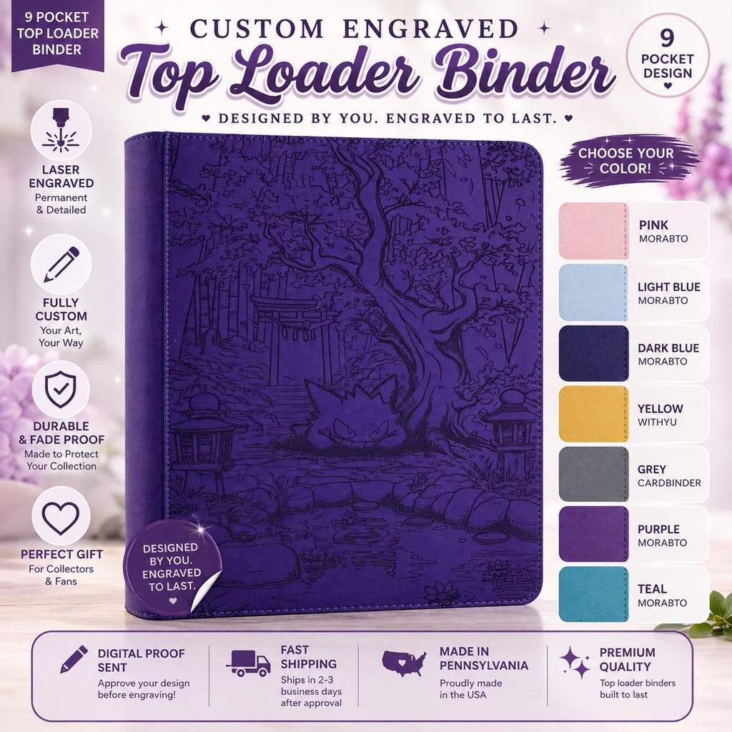 Custom Engraved 9 Pocket Top Loader Trading Card Binder | Personalized Pokémon, Anime & TCG Album