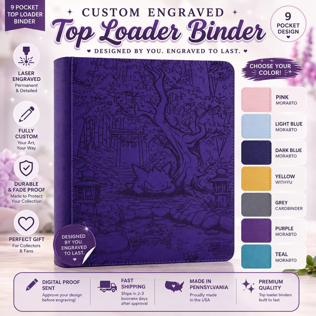 Custom Engraved 9 Pocket Top Loader Trading Card Binder | Personalized Pokémon, Anime & TCG Album