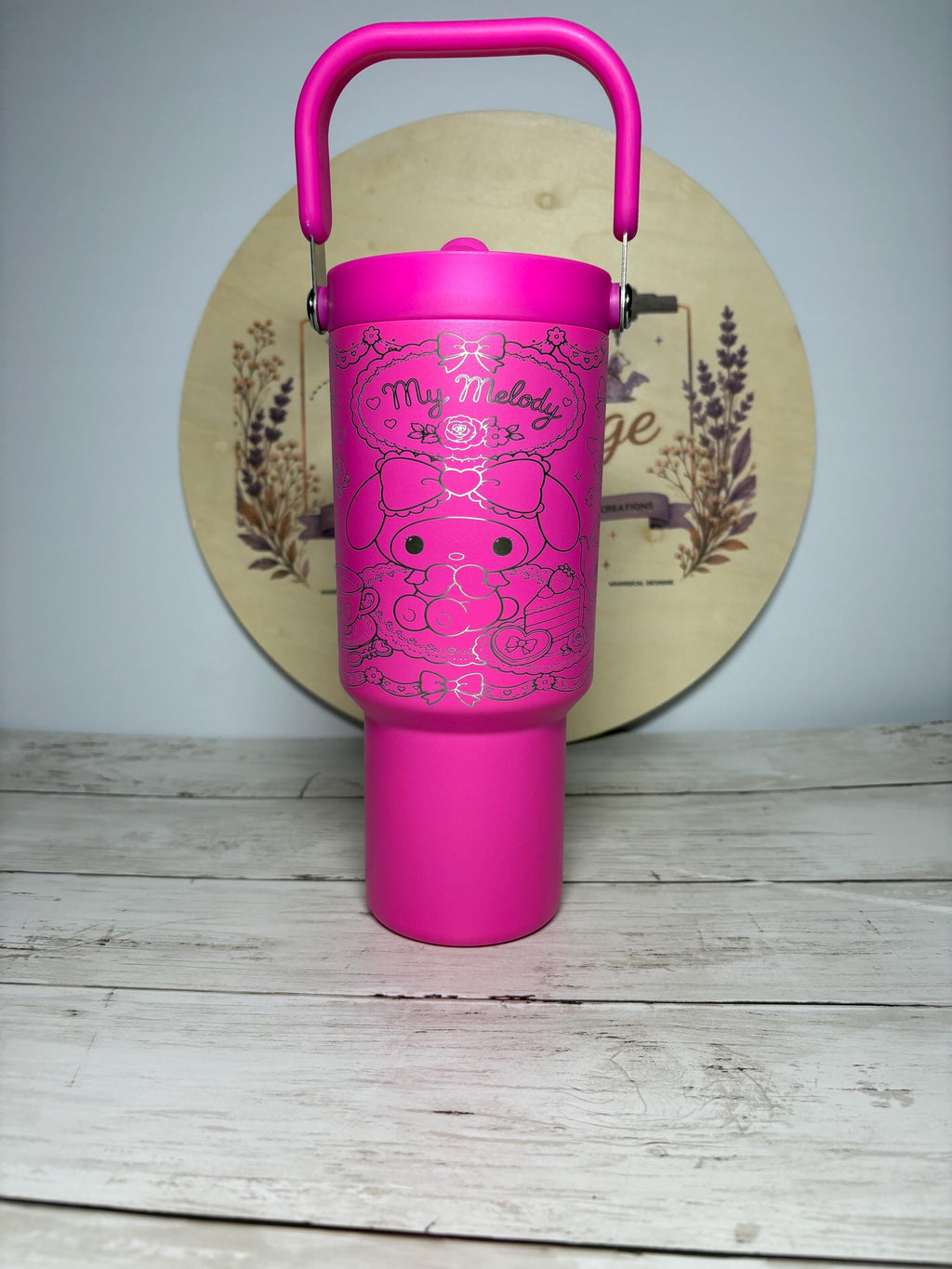 My Melody Engraved Tumbler | Pink 40oz Cup with Handle | Cute Kawaii Tumbler | Personalized Gift | Engraved Character Cup