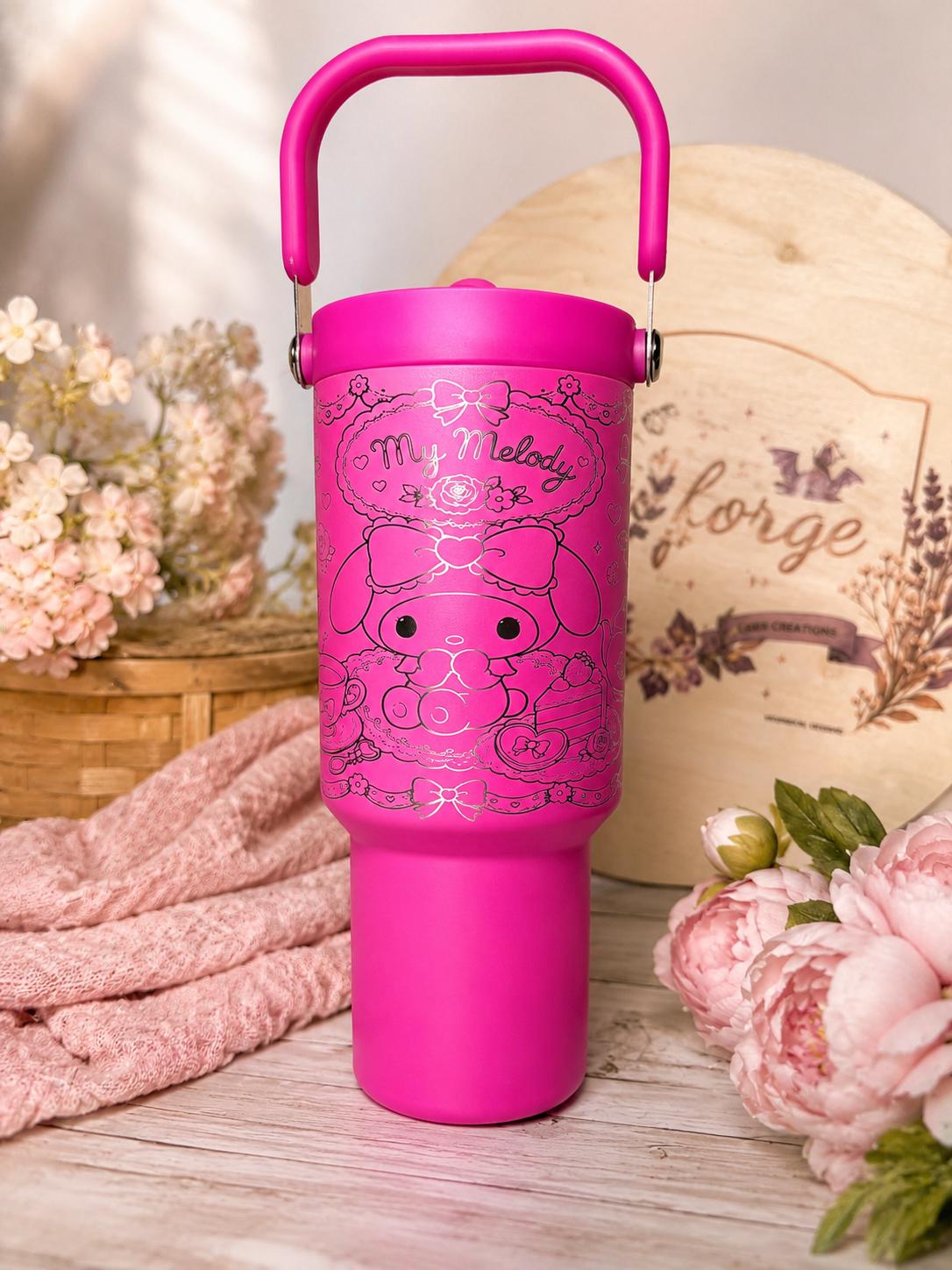 My Melody Engraved Tumbler | Pink 40oz Cup with Handle | Cute Kawaii Tumbler | Personalized Gift | Engraved Character Cup